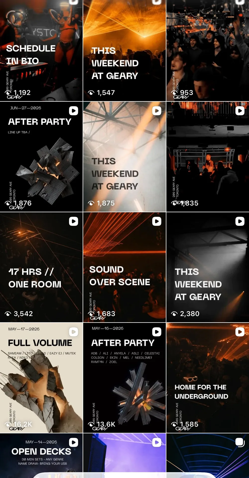 Geary Instagram feed after the AFTR DARK rebrand